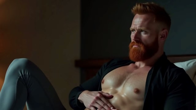 Topless muscular red-haired man with a full red beard in an open black shirt