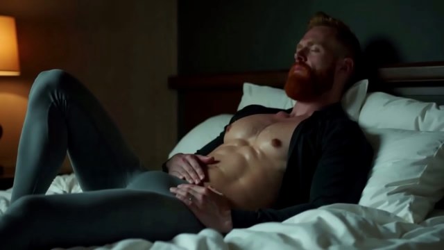 Topless red-haired bearded man reclining on a bed in an open black shirt