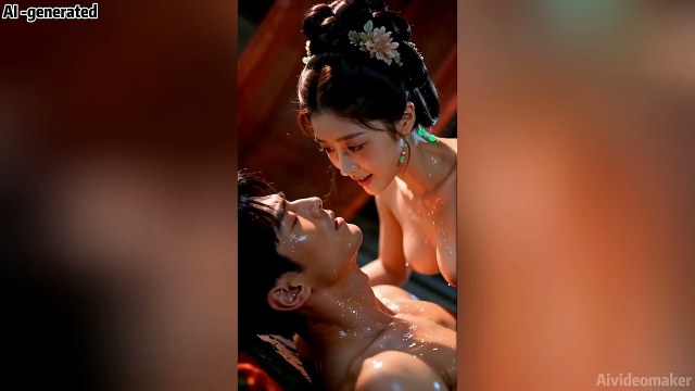 Mujer topless de pelo oscuro con recogido ornamentado y adornos inclinándose sobre un hombre sin camiseta en un interior tenue