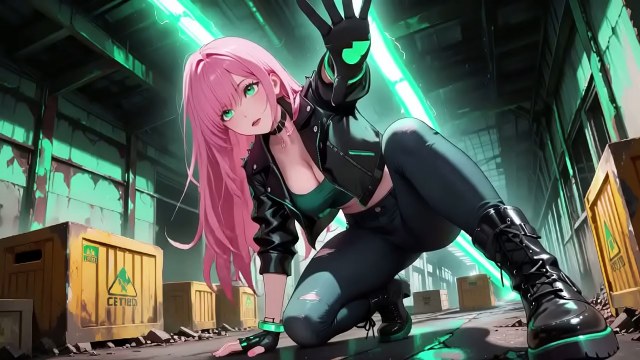 Pink-haired 3D anime woman squatting wide-legged with exposed tits in black leather inside a neon-lit corridor