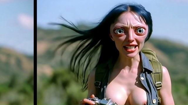 Dark-haired woman in an open gray-green hiking shirt with her tits exposed and backpack straps on a rocky mountainside