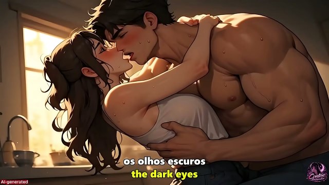 Mujer anime de pelo oscuro teniendo sexo encima de un hombre en una cama