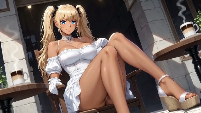 Rumi rubia de anime con coletas dobles levanta un vestido blanco corto y enseña el coño en un café al aire libre