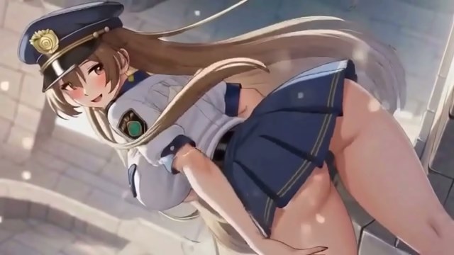 Rubia con atuendo de estilo policial inclinada hacia delante con culo y coño expuestos en una calle urbana