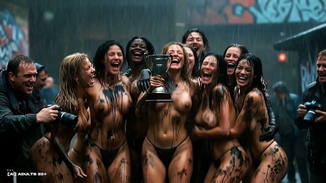 Grupo topless cubierto de barro reunido en una calle urbana mojada