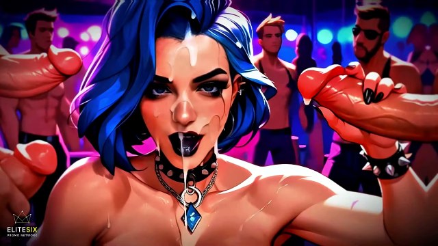 Mujer gótica de pelo azul montando a una pareja durante el sexo en una discoteca de neón