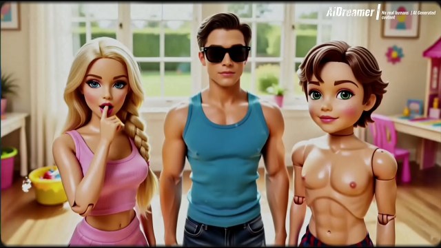 Blonde woman in a pink outfit with three stylized figures in a bright toy-filled room and a nude figure with exposed tits