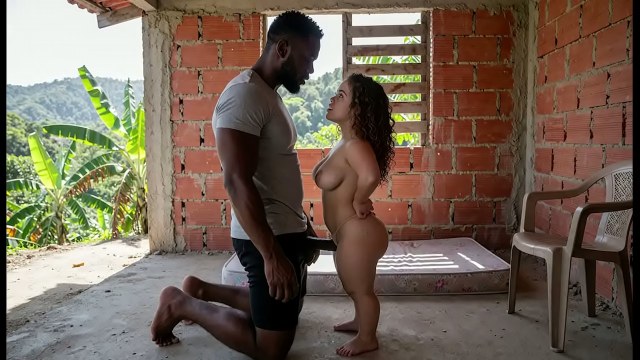 Nude long curly-haired woman kneeling on a mattress with her ass visible beside a muscular man