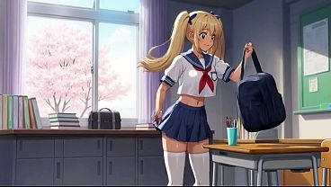 Rubia estudiante en juego de rol con poses de coño